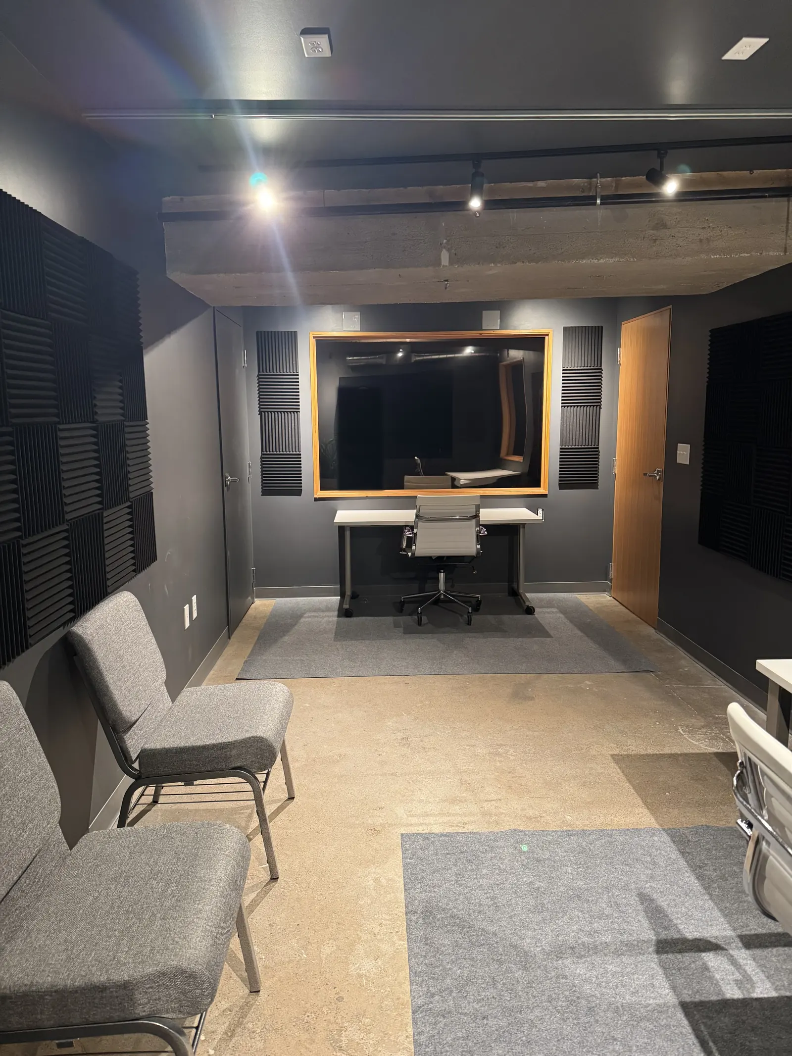 Lower-level research room with acoustic panels and a large interior window