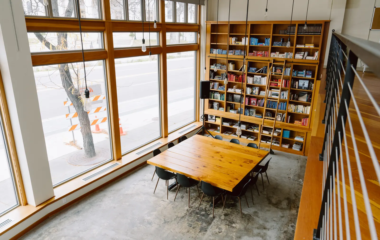 View from the mezzanine over the main floor and communal table